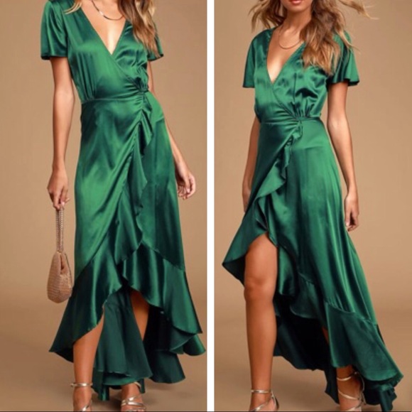 Lulus Dresses & Skirts - Love Of Your Life Green Satin Wrap Maxi Dress